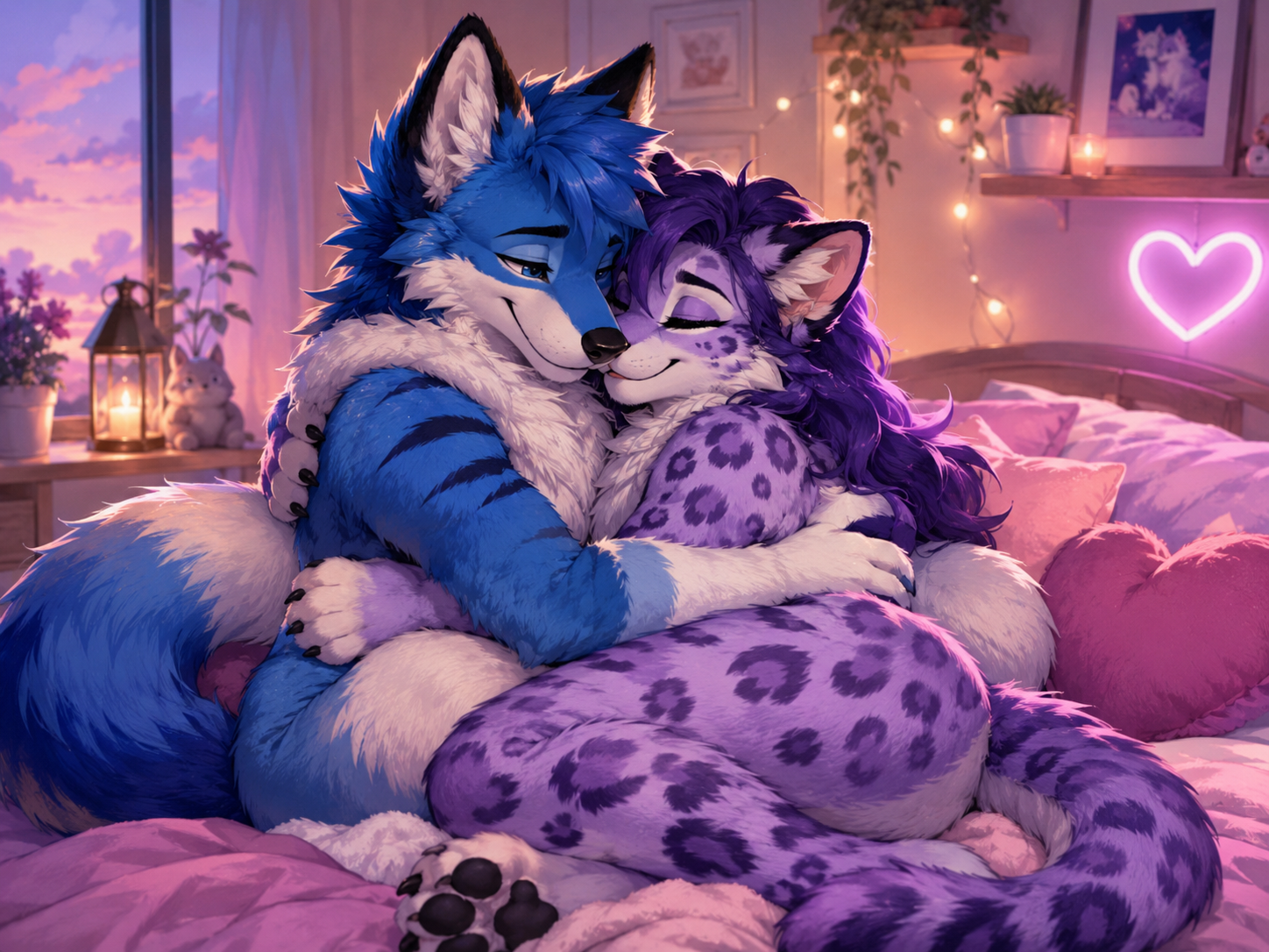 Two anthropomorphic animal characters embracing sensually in a bedroom setting.